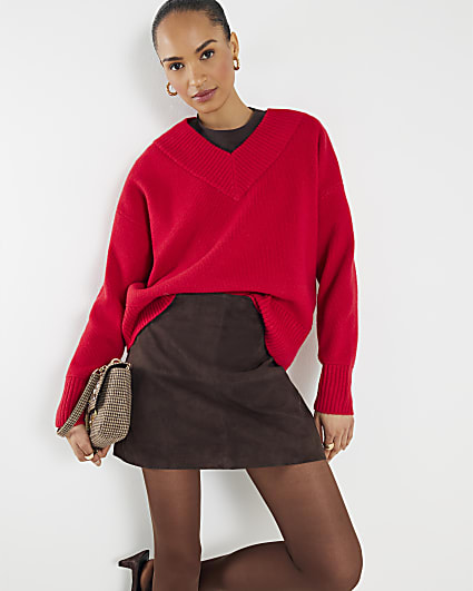 Brown Suede Seam Detail Mini Skirt