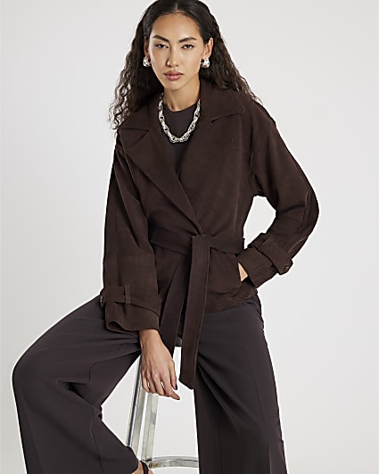 Brown Cropped Suede Belted Trench Jacket