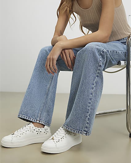 White Scalloped Cut Lace Up Trainers