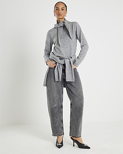 Grey Knitted Scarf Neck Jumper