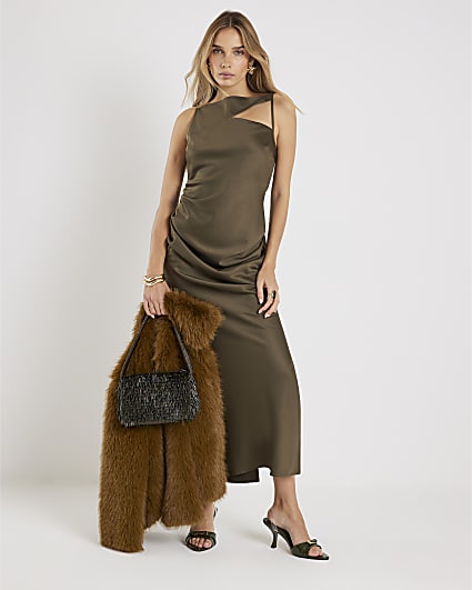 Khaki Slash Neck Maxi Dress