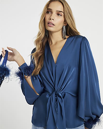 Blue Satin Knot Front Feather Cuff Top