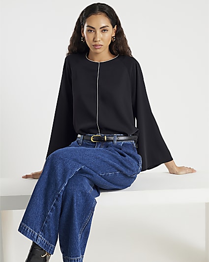 Black Long Flute Sleeve Blouse