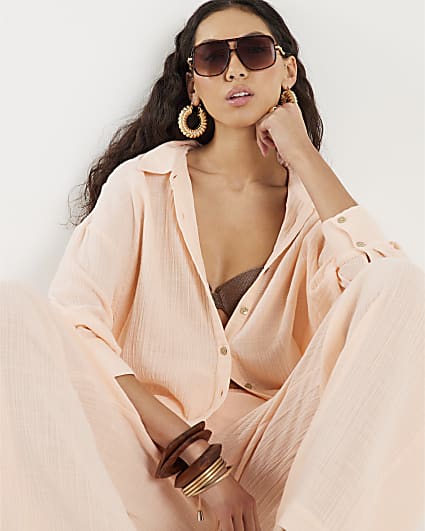 Pink Crinkle Long Sleeve Beach Shirt