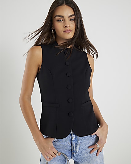 Black Sleeveless Frilled Trim Waistcoat
