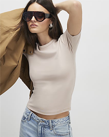 Beige Short Sleeve Fitted Top