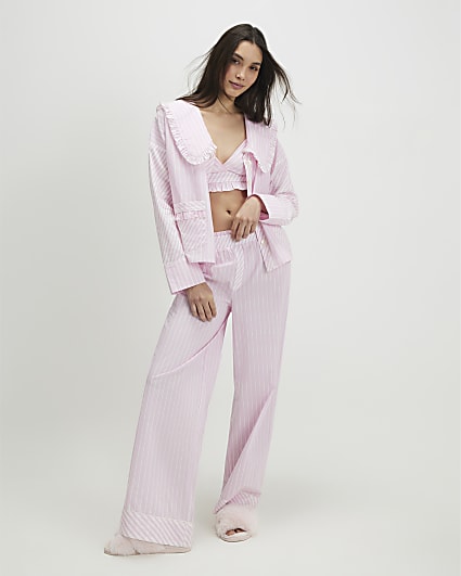 Pink Oversized Collar Striped Pyjama Set