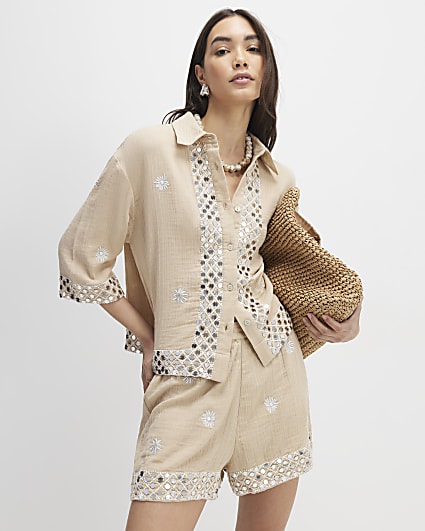 Beige Sequin Embellished Beach Shorts