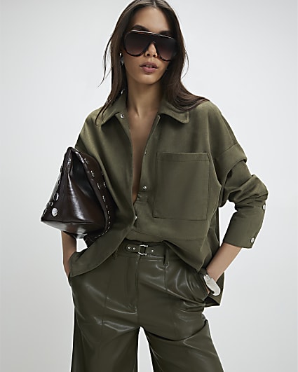 Khaki Oversized Faux Suede Overshirt