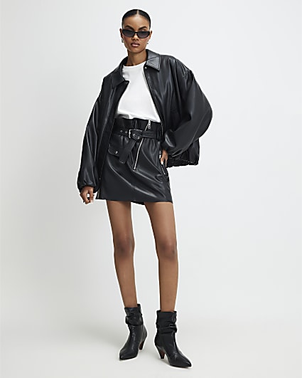 Black Faux Leather Belted Mini Skirt