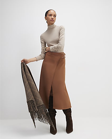 Brown Faux Suede Wrap Midi Skirt