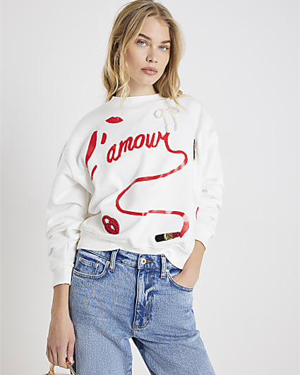 White Long Sleeve L'amour Lipstick Sweatshirt
