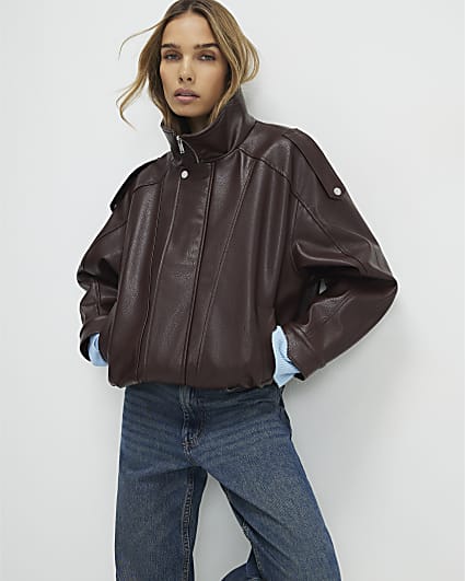Brown Faux Leather Funnel Neck Jacket