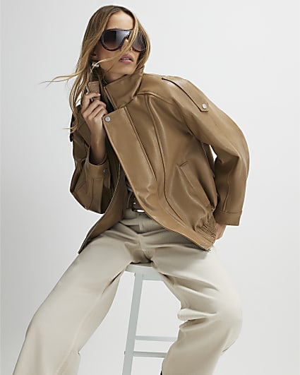 Brown Faux Leather Funnel Neck Jacket