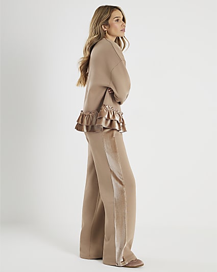 Beige Velvet Trim Wide Leg Joggers