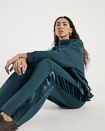 Green Velvet Trim Wide Leg Joggers