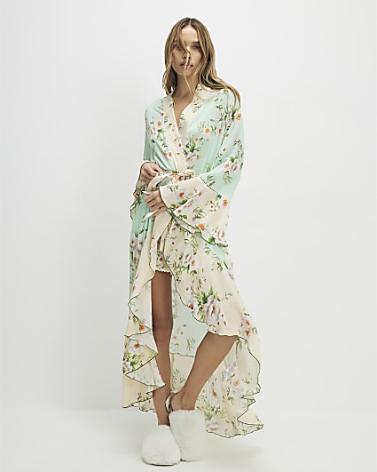 Green Floral Print Waterfall Hem Robe