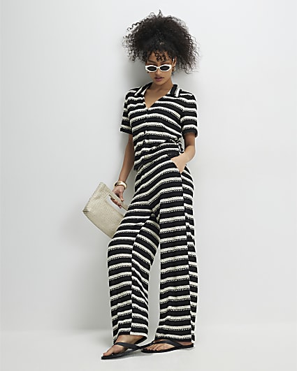 Black Striped Crochet Wide Leg Trousers
