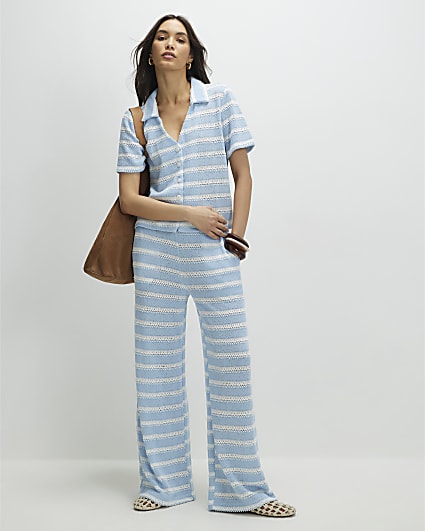 Blue Striped crochet Wide Leg Trousers