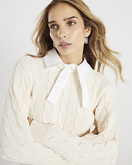 Cream Long Sleeve Collared Cable Knit Jumper