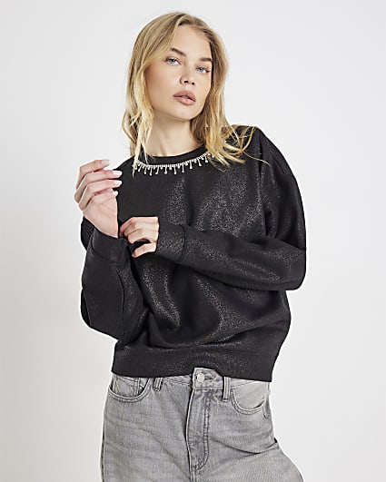 Grey Long Sleeve Necklace Trim Sweatshirt