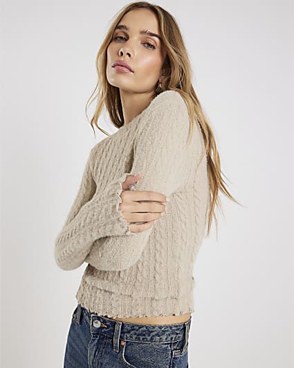 Beige Long Sleeve Cable Knit Fitted Top