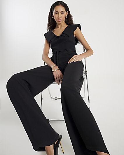 Black Double Collar Belted Jumpsuit