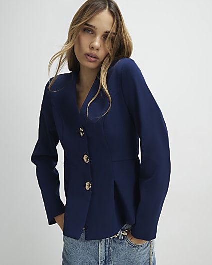 Navy Long Sleeve Pleated Jacket