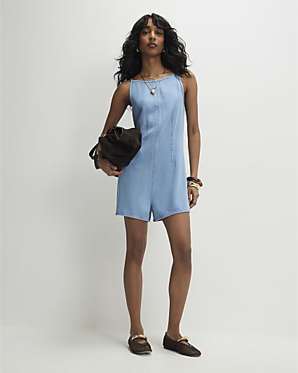 Blue Denim Boat Neck Playsuit