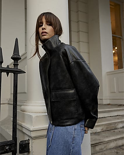 Black Funnel Neck Faux Leather Bomber Jacket