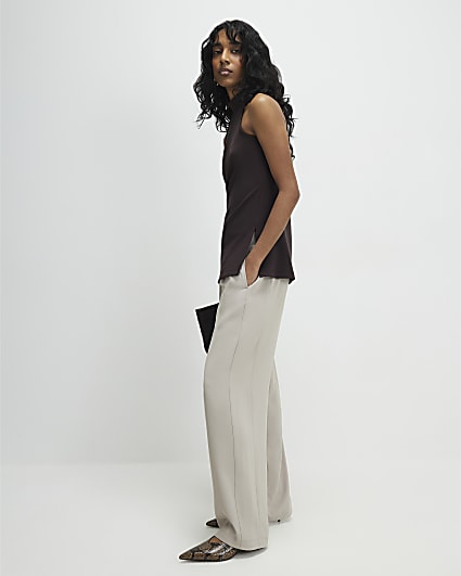 Beige Tailored Drawstring Wide Leg Trousers