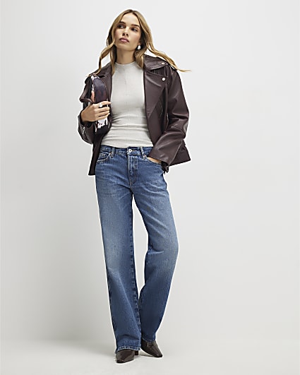 Blue Split Hem Straight Leg Jeans