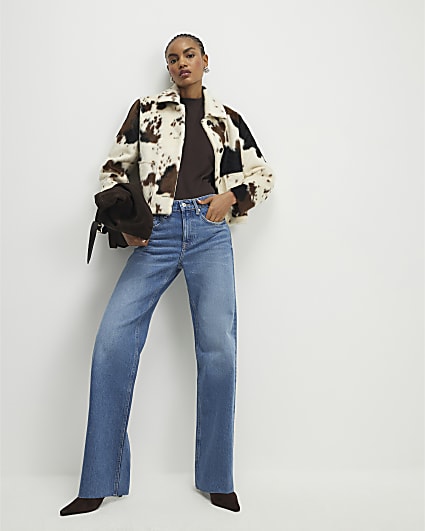 Blue Raw Hem Wide Leg Jeans