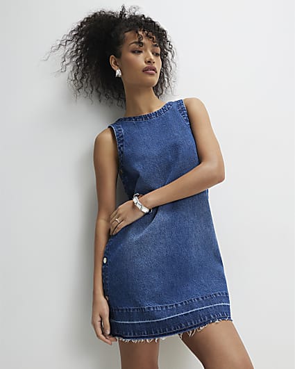 Blue Denim Popper Side Mini Swing Dress