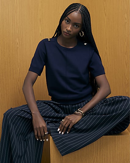 Navy Knitted Short Sleeve Top