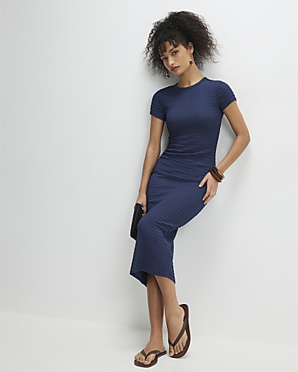 Blue Short Sleeve Textured Midi Dress