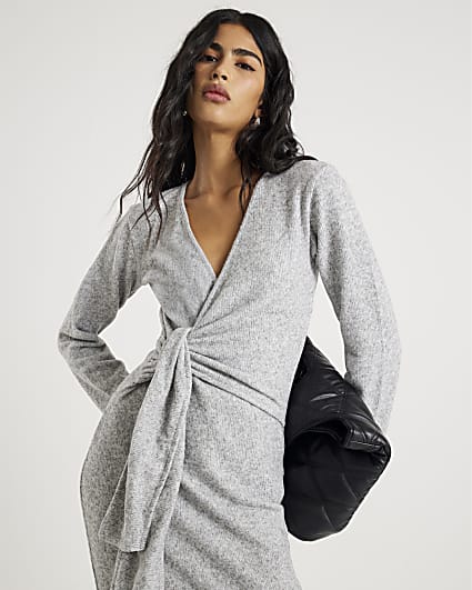 Grey Long Sleeve Tie Side Cosy Maxi Dress