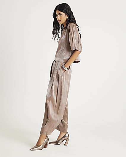 Beige Metallic Tapered Trousers