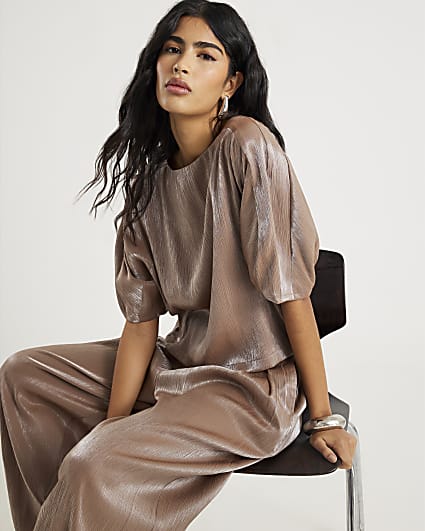 Beige Short Sleeve Metallic Tailored Top