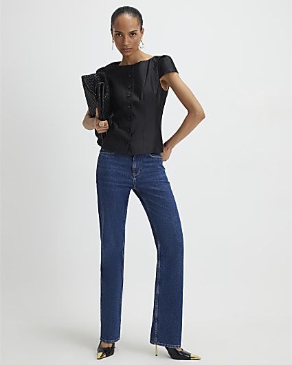 Black Button Puff Sleeve Top