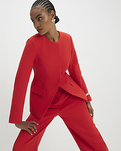 Red Long Sleeve Round Neck Blazer