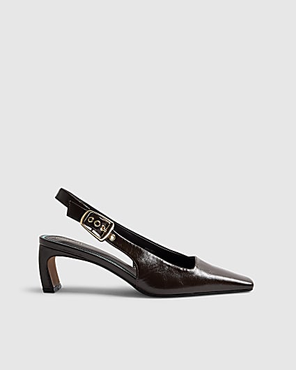 Brown Low Chisel Toe Slingback Court Heels