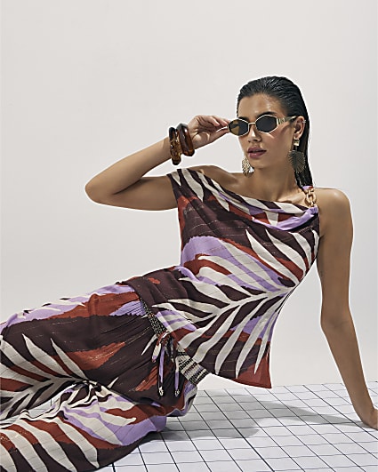 Brown Leaf Print Chain Strap Top