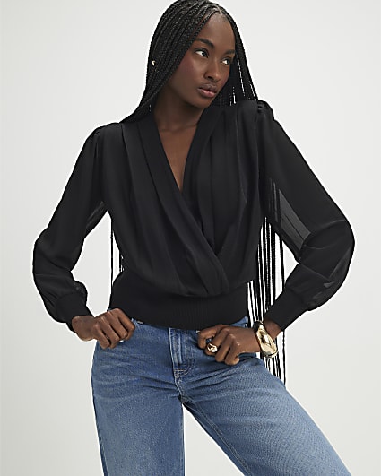 Black Knit Frill Sleeve Top | River Island