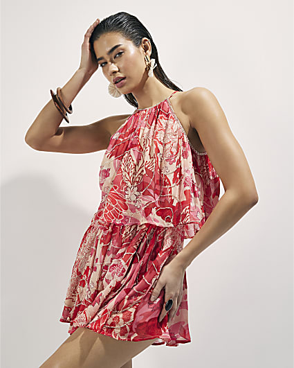 Red Floral Embellished Playsuit