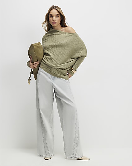 Green Ribbed Off The Shoulder Jumper