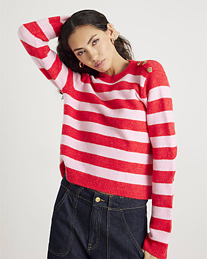 Red Knitted Stripe Heart Button Jumper