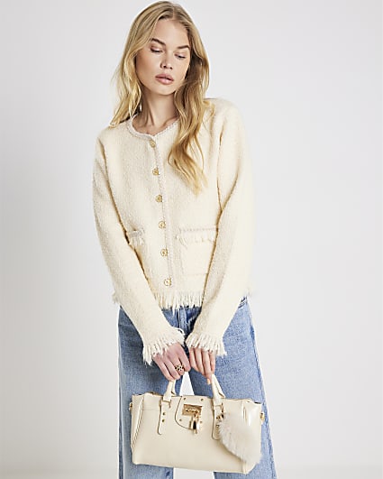 Cream Boucle Long Sleeve Fringed Cardigan
