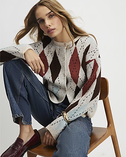 Brown Knitted Argyle Cardigan