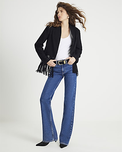 Black Suede Collarless Tassel Blazer